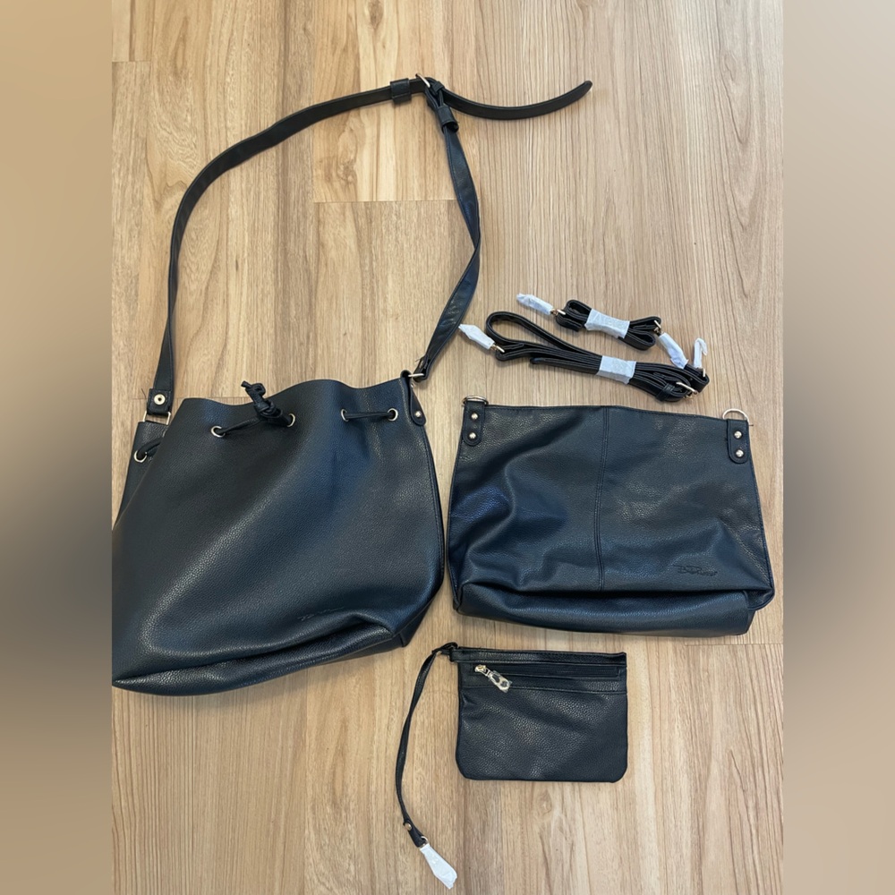 Bella Russo 3-Piece Black Vegan Leather Bucket Bag, Pouch & Crossbody Set